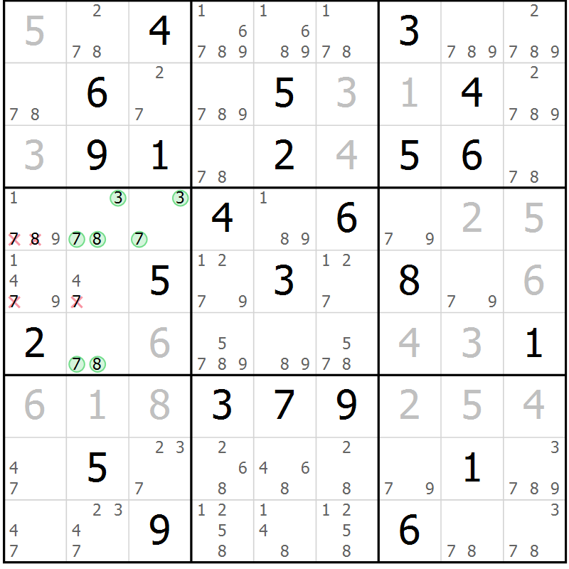 Position des candidats pour la solution de la Gr 76 page 79 du magazine de sudoku Maestro n° 103