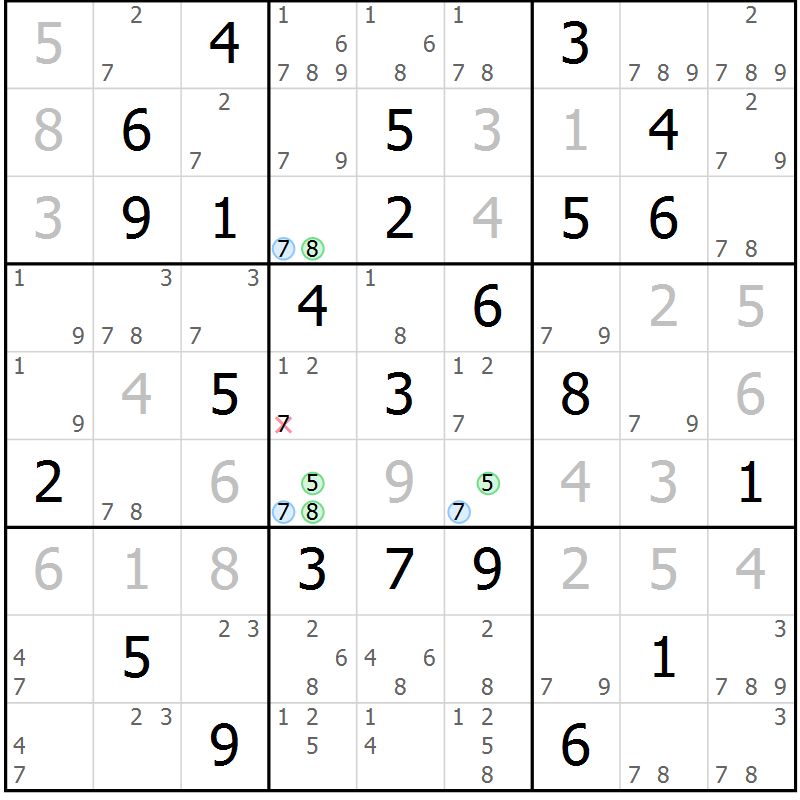 Position des candidats pour la solution de la Gr 76 page 79 du magazine de sudoku Maestro n° 103