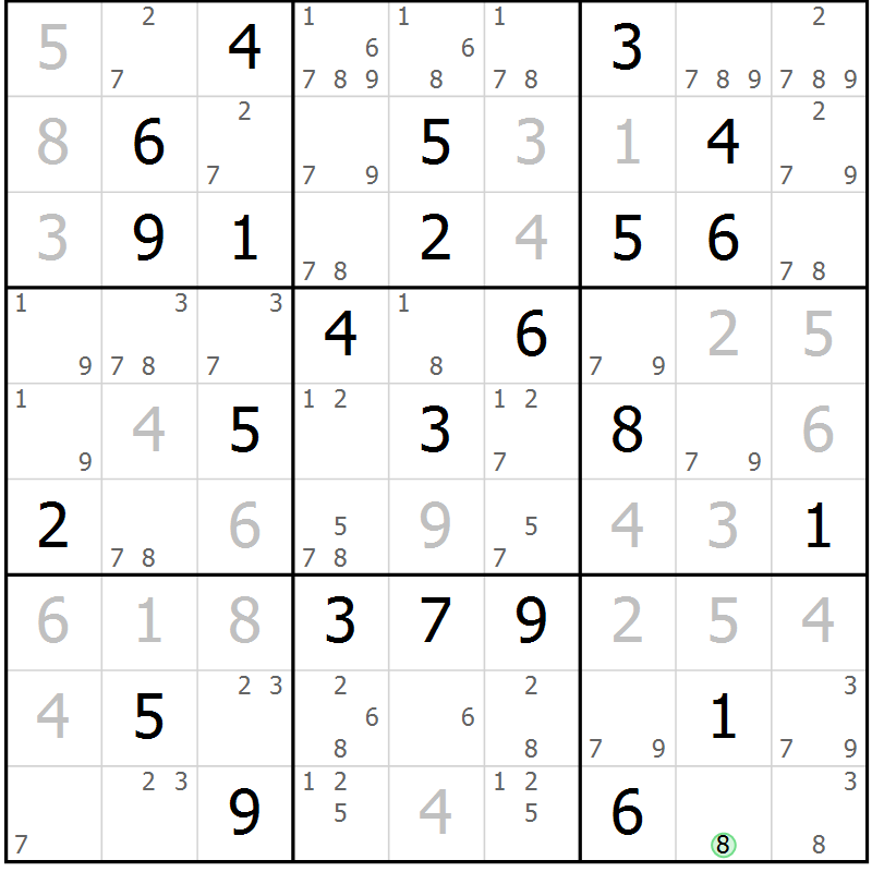 Position des candidats pour la solution de la Gr 76 page 79 du magazine de sudoku Maestro n° 103