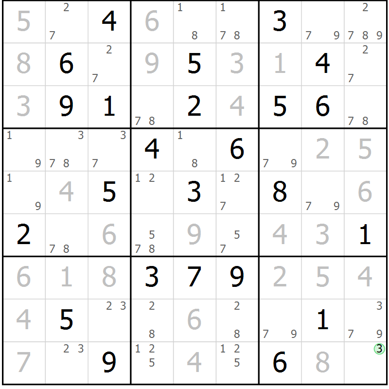 Position des candidats pour la solution de la Gr 76 page 79 du magazine de sudoku Maestro n° 103