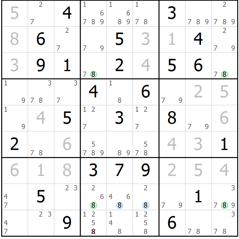 Position des candidats pour la solution de la Gr 76 page 79 du magazine de sudoku Maestro n° 103