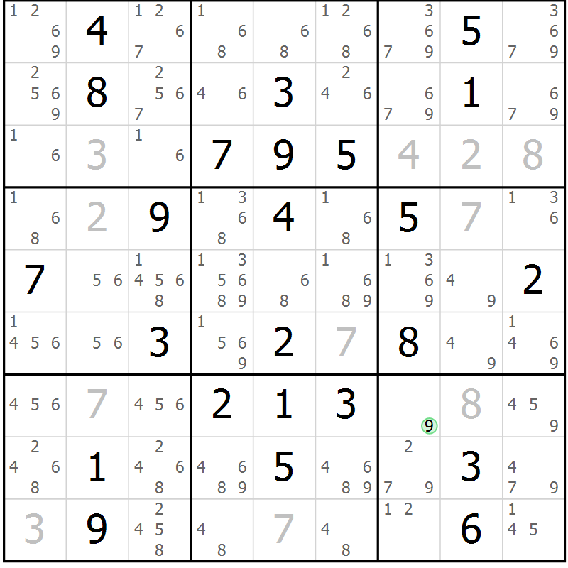 Position des candidats pour la solution de la Gr 77 page 80 du magazine de sudoku Maestro n° 103