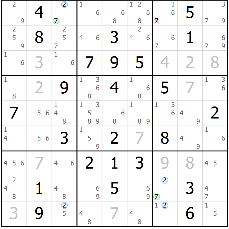 Position des candidats pour la solution de la Gr 77 page 80 du magazine de sudoku Maestro n° 103