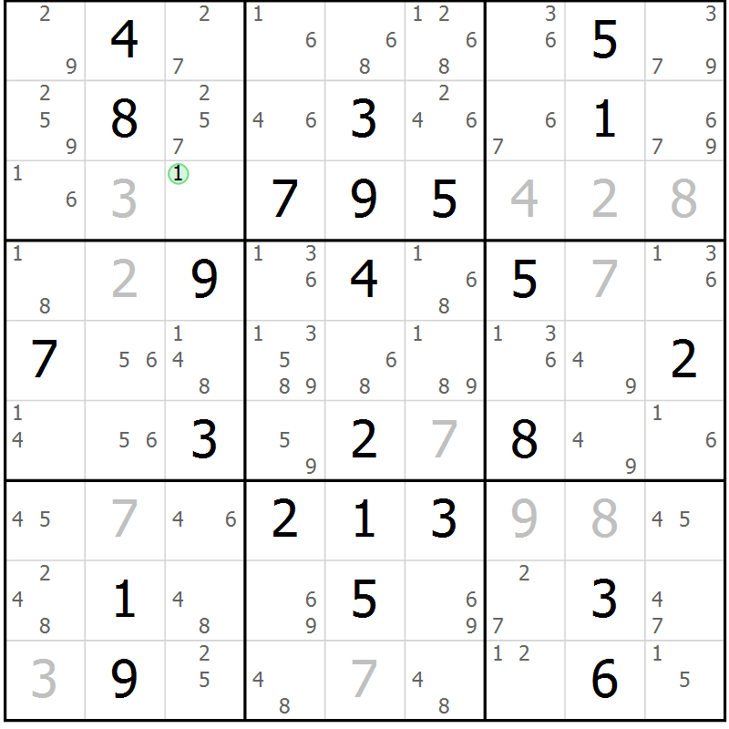 Position des candidats pour la solution de la Gr 77 page 80 du magazine de sudoku Maestro n° 103