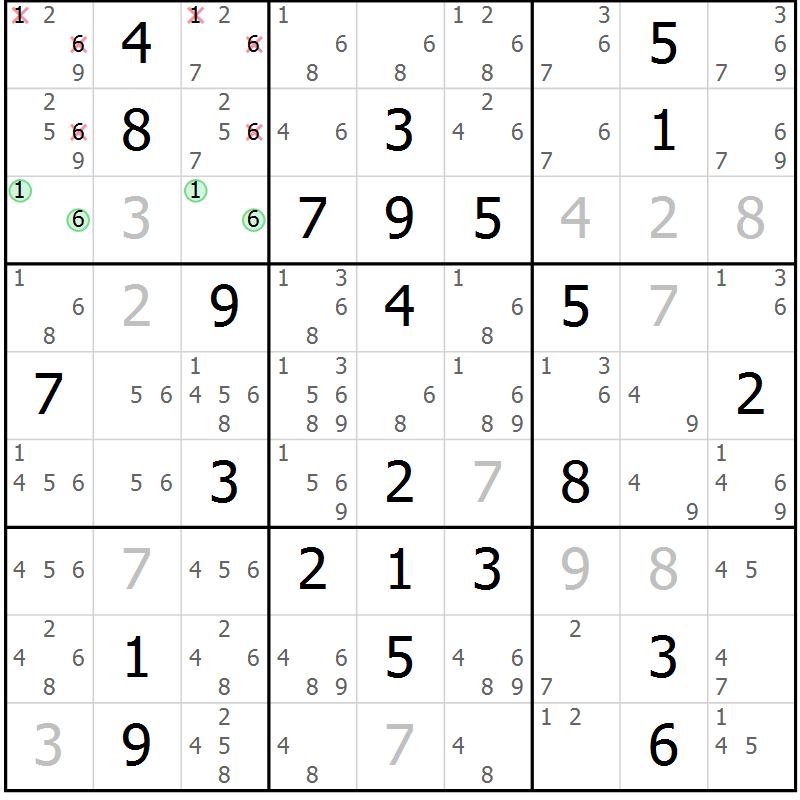 Position des candidats pour la solution de la Gr 77 page 80 du magazine de sudoku Maestro n° 103