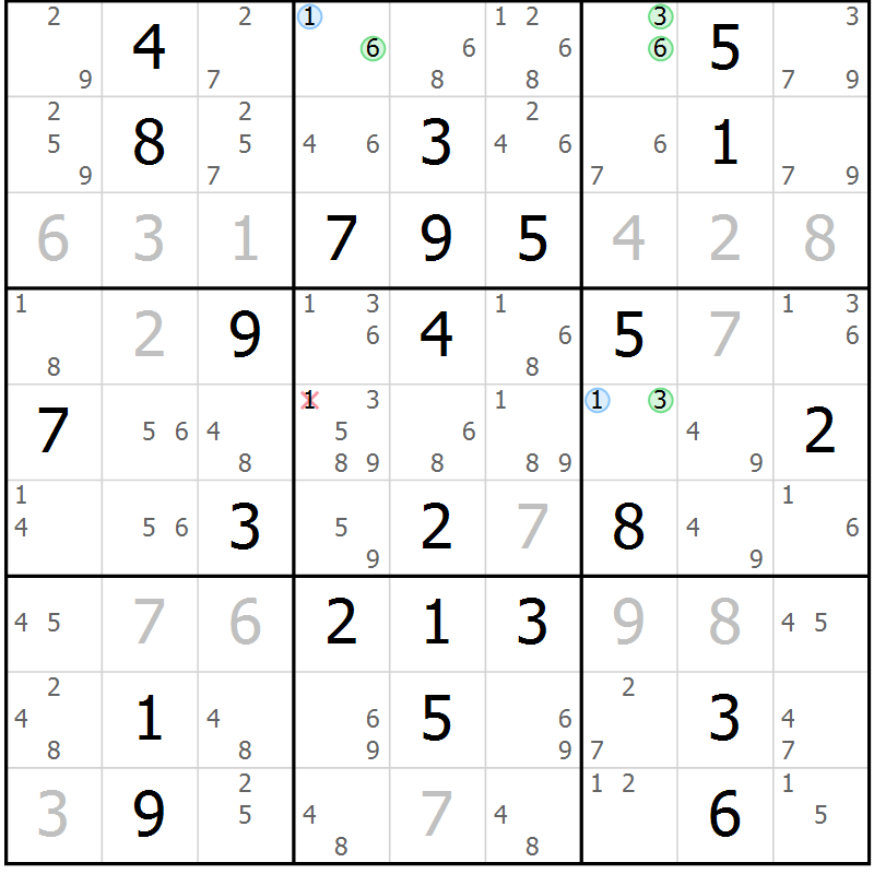 Position des candidats pour la solution de la Gr 77 page 80 du magazine de sudoku Maestro n° 103
