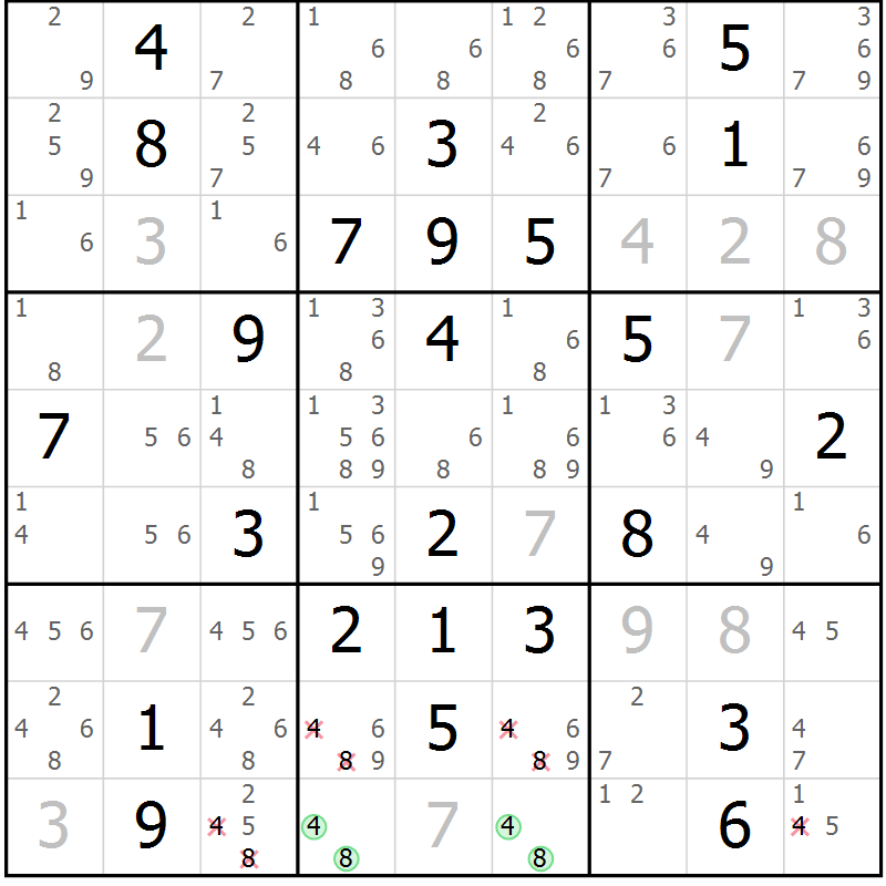 Position des candidats pour la solution de la Gr 77 page 80 du magazine de sudoku Maestro n° 103