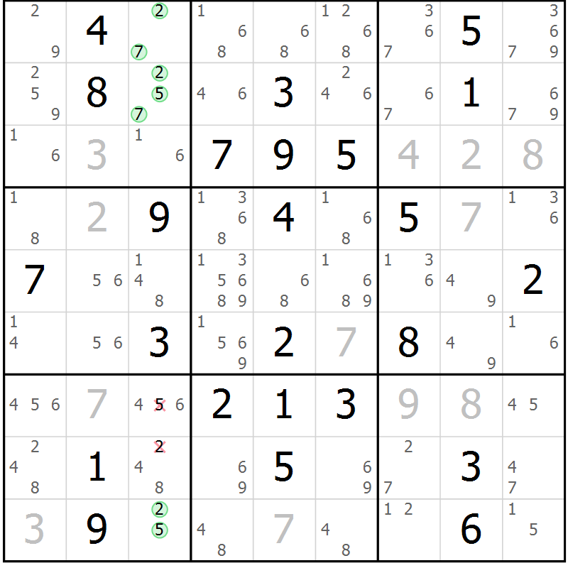 Position des candidats pour la solution de la Gr 77 page 80 du magazine de sudoku Maestro n° 103