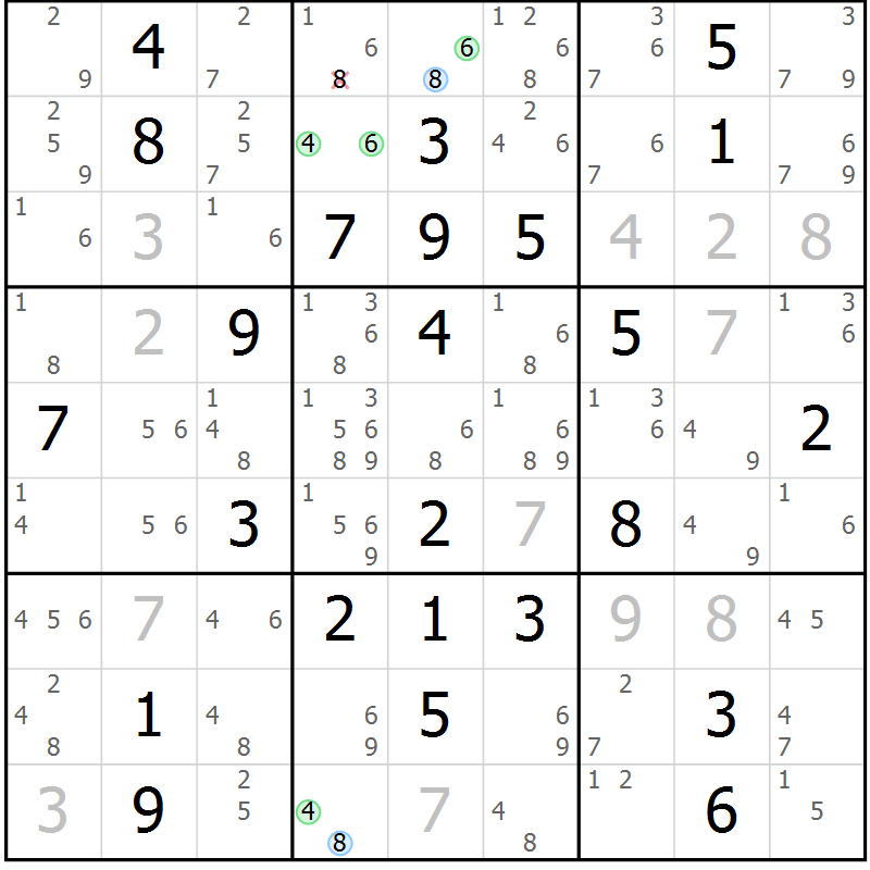 Position des candidats pour la solution de la Gr 77 page 80 du magazine de sudoku Maestro n° 103