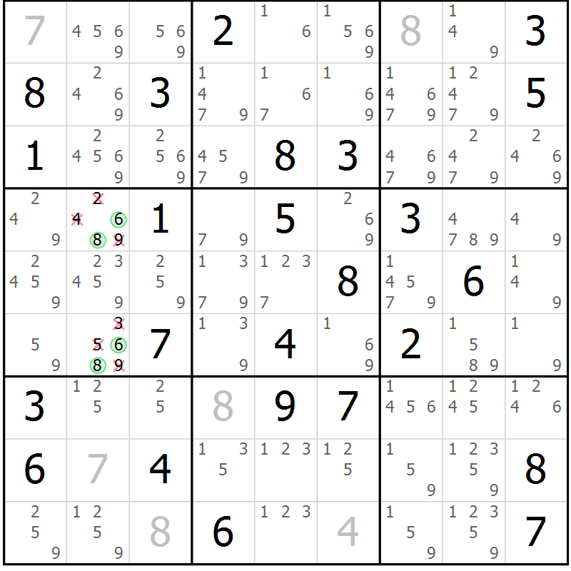Position des candidats pour la solution de la Gr 78 page 81 du magazine de sudoku Maestro n° 103