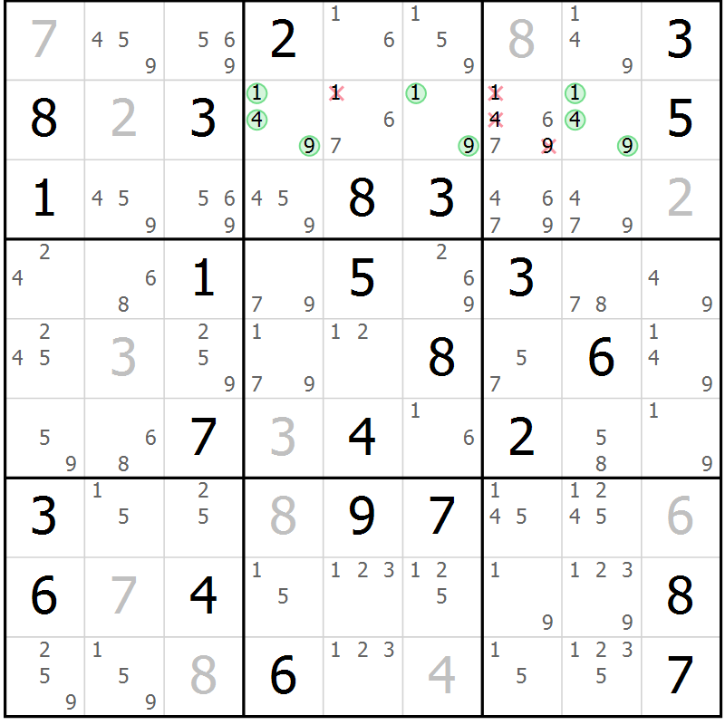 Position des candidats pour la solution de la Gr 78 page 81 du magazine de sudoku Maestro n° 103