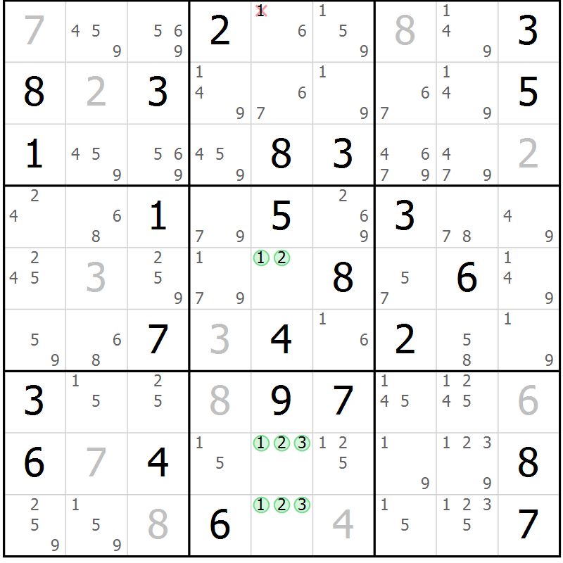 Position des candidats pour la solution de la Gr 78 page 81 du magazine de sudoku Maestro n° 103