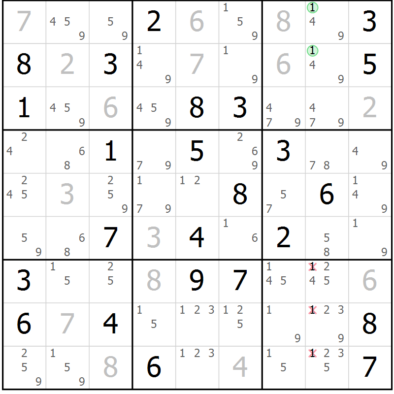 Position des candidats pour la solution de la Gr 78 page 81 du magazine de sudoku Maestro n° 103