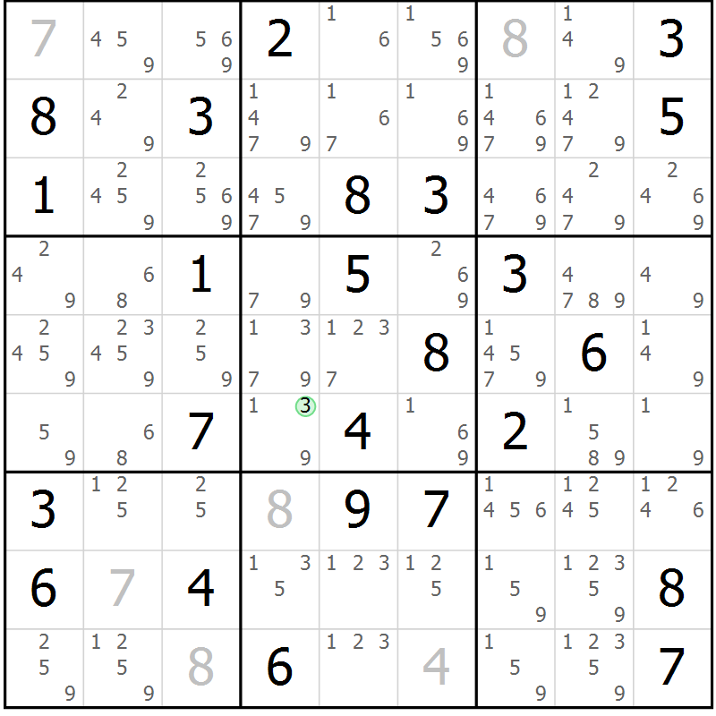 Position des candidats pour la solution de la Gr 78 page 81 du magazine de sudoku Maestro n° 103