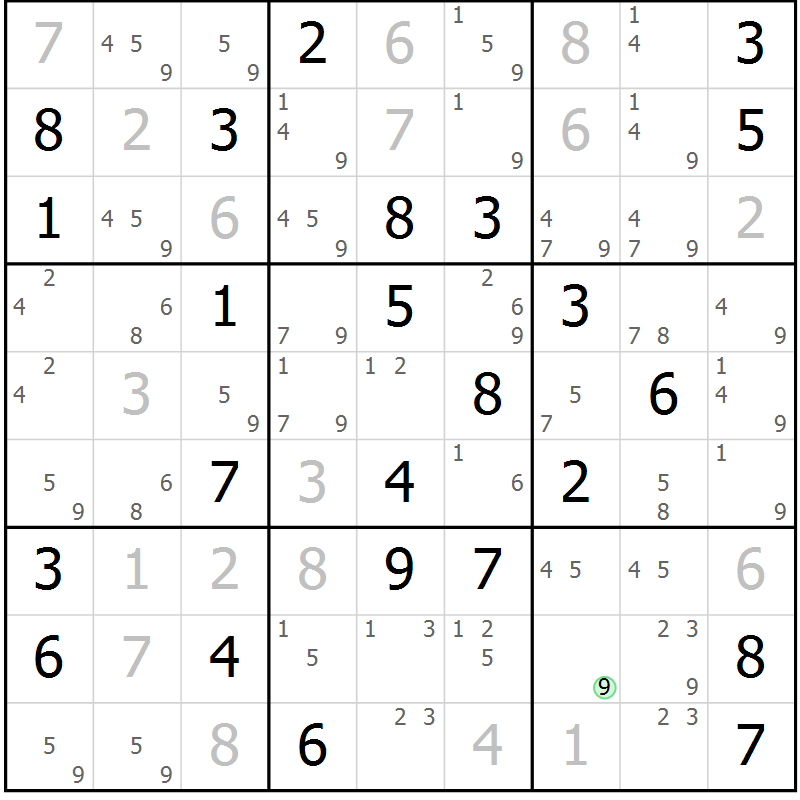 Position des candidats pour la solution de la Gr 78 page 81 du magazine de sudoku Maestro n° 103