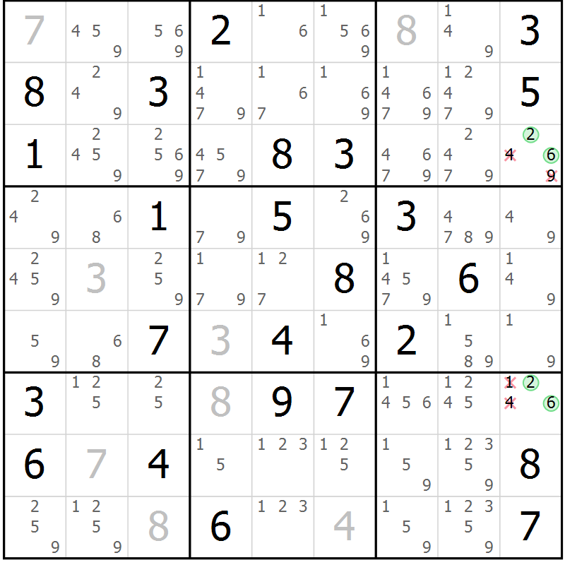Position des candidats pour la solution de la Gr 78 page 81 du magazine de sudoku Maestro n° 103