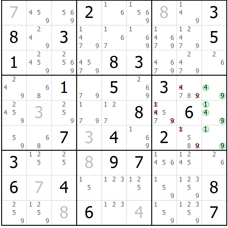 Position des candidats pour la solution de la Gr 78 page 81 du magazine de sudoku Maestro n° 103