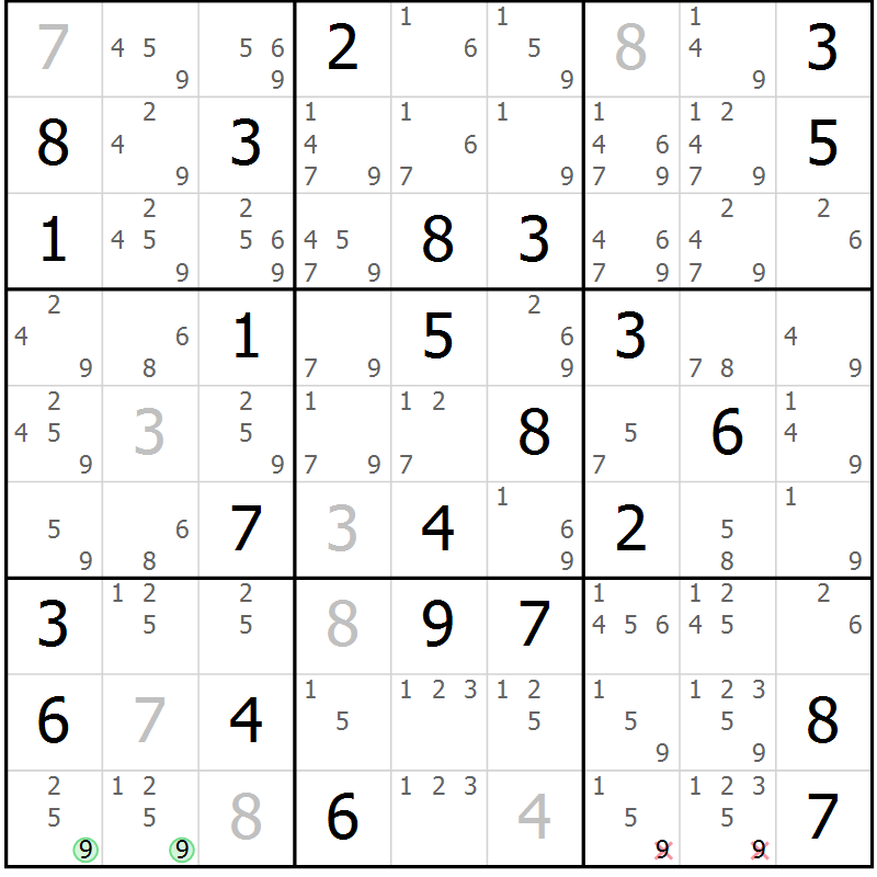 Position des candidats pour la solution de la Gr 78 page 81 du magazine de sudoku Maestro n° 103