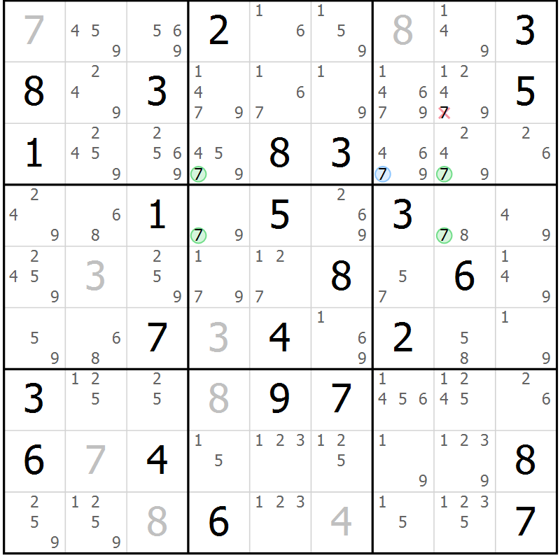 Position des candidats pour la solution de la Gr 78 page 81 du magazine de sudoku Maestro n° 103