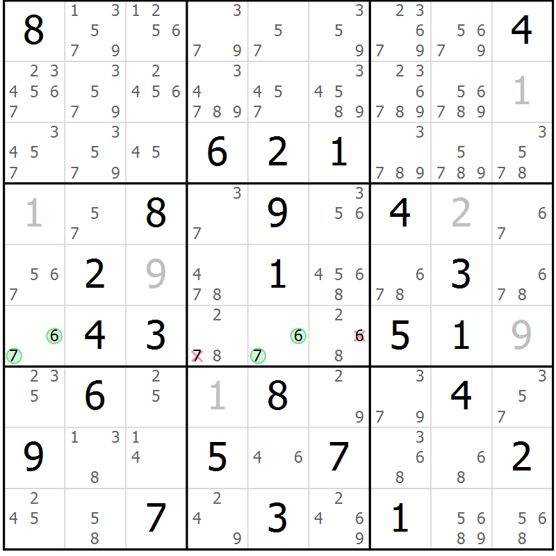Position des candidats pour la solution de la Gr 79 page 82 du magazine de sudoku Maestro n° 103