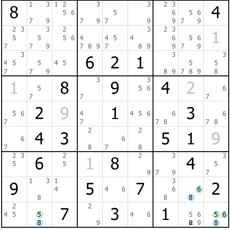 Position des candidats pour la solution de la Gr 79 page 82 du magazine de sudoku Maestro n° 103
