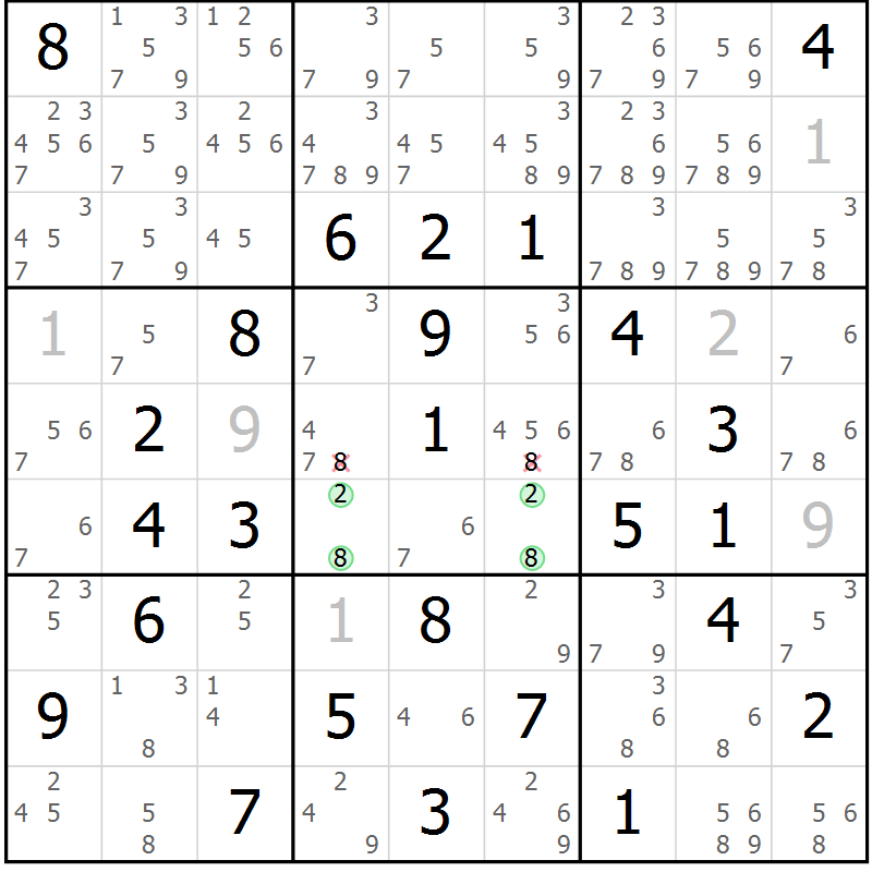 Position des candidats pour la solution de la Gr 79 page 82 du magazine de sudoku Maestro n° 103