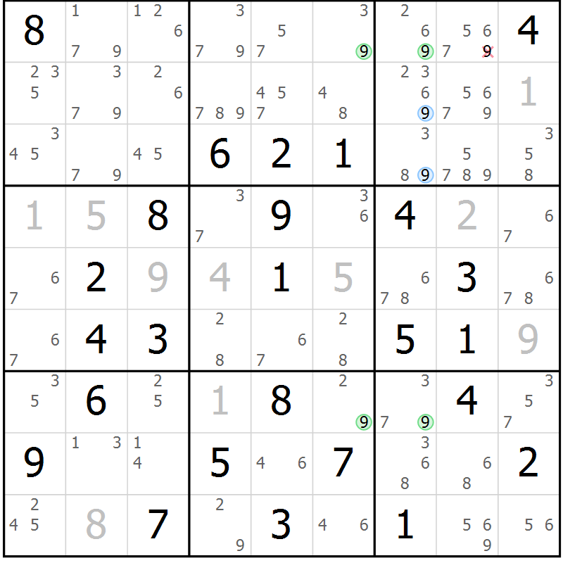Position des candidats pour la solution de la Gr 79 page 82 du magazine de sudoku Maestro n° 103