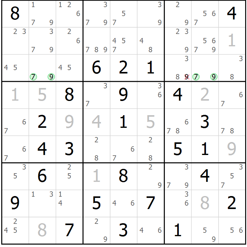 Position des candidats pour la solution de la Gr 79 page 82 du magazine de sudoku Maestro n° 103