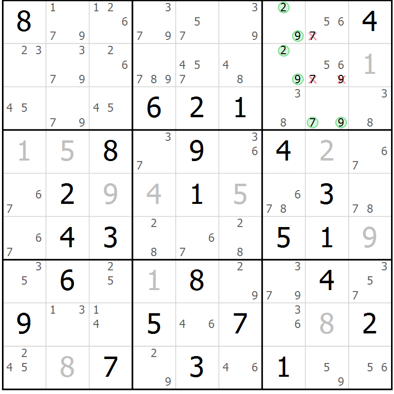 Position des candidats pour la solution de la Gr 79 page 82 du magazine de sudoku Maestro n° 103