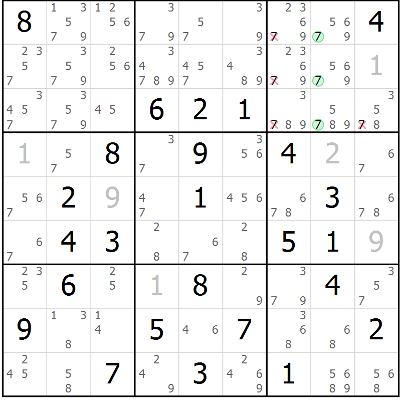 Position des candidats pour la solution de la Gr 79 page 82 du magazine de sudoku Maestro n° 103