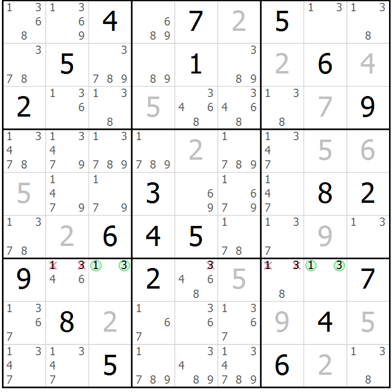 Position des candidats pour la solution de la Gr 80 page 83 du magazine de sudoku Maestro n° 103