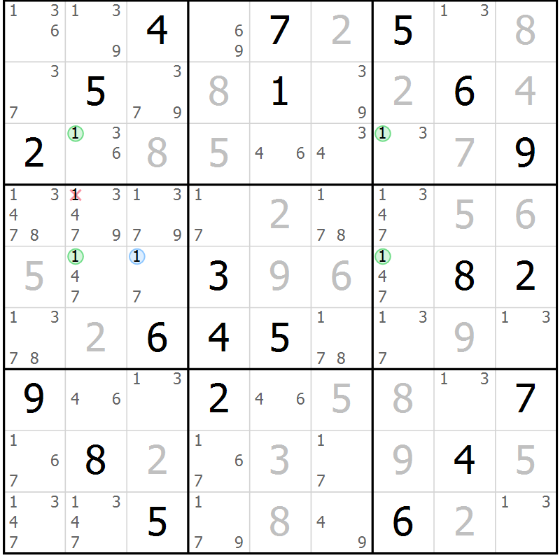 Position des candidats pour la solution de la Gr 80 page 83 du magazine de sudoku Maestro n° 103
