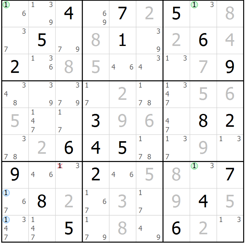 Position des candidats pour la solution de la Gr 80 page 83 du magazine de sudoku Maestro n° 103