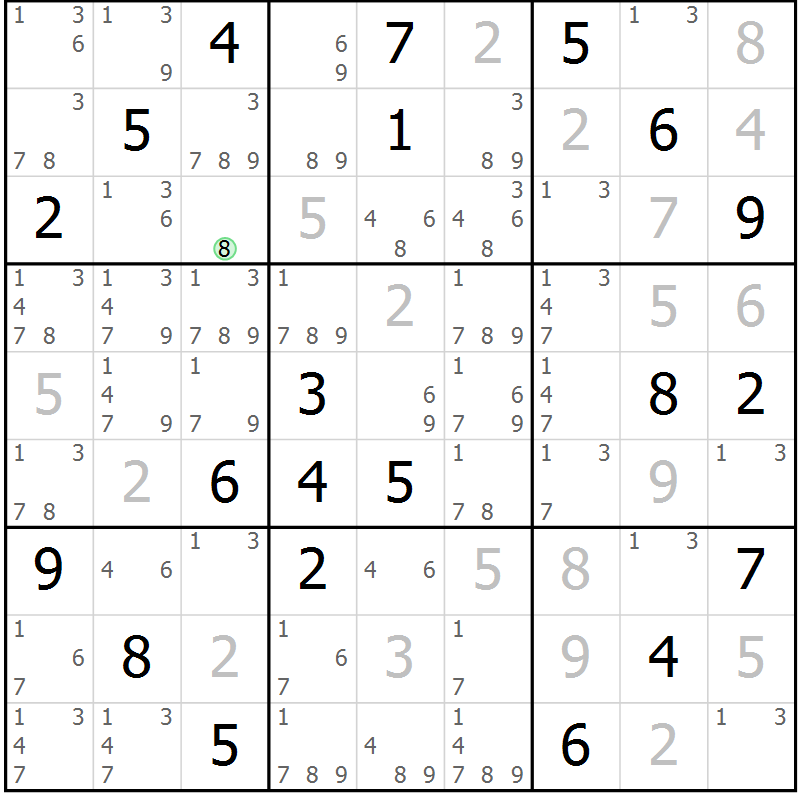 Position des candidats pour la solution de la Gr 80 page 83 du magazine de sudoku Maestro n° 103