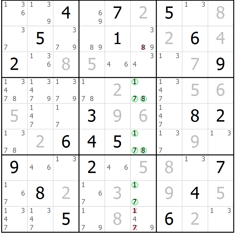 Position des candidats pour la solution de la Gr 80 page 83 du magazine de sudoku Maestro n° 103