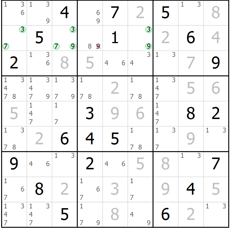 Position des candidats pour la solution de la Gr 80 page 83 du magazine de sudoku Maestro n° 103