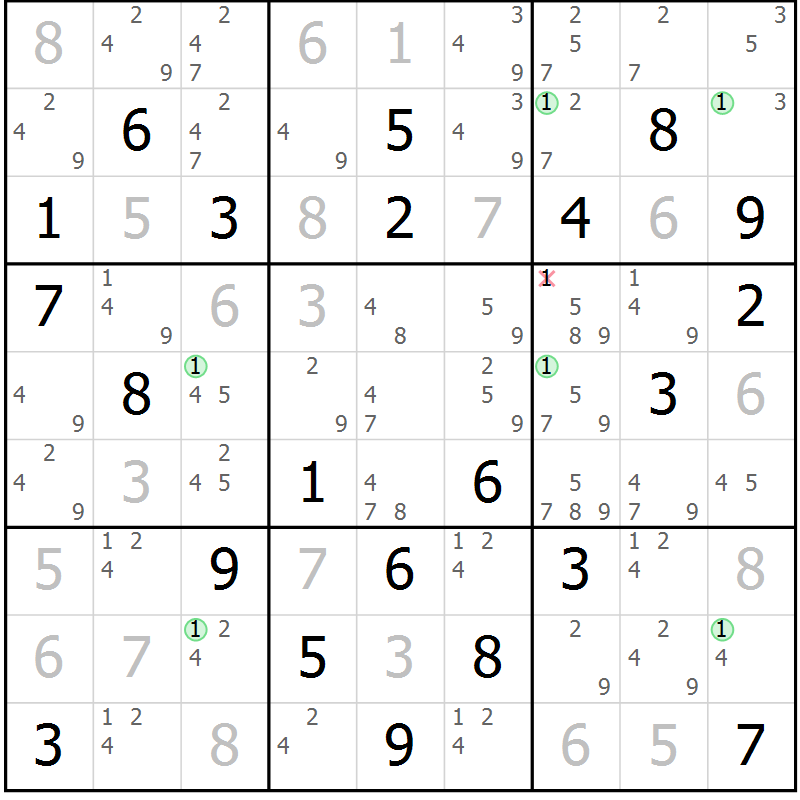 Position des candidats pour la solution de la Gr 81 page 84 du magazine de sudoku Maestro n° 103