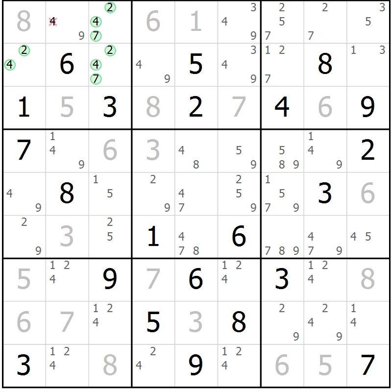 Position des candidats pour la solution de la Gr 81 page 84 du magazine de sudoku Maestro n° 103