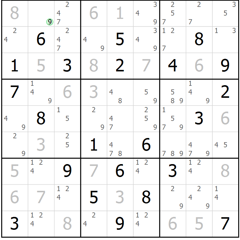 Position des candidats pour la solution de la Gr 81 page 84 du magazine de sudoku Maestro n° 103