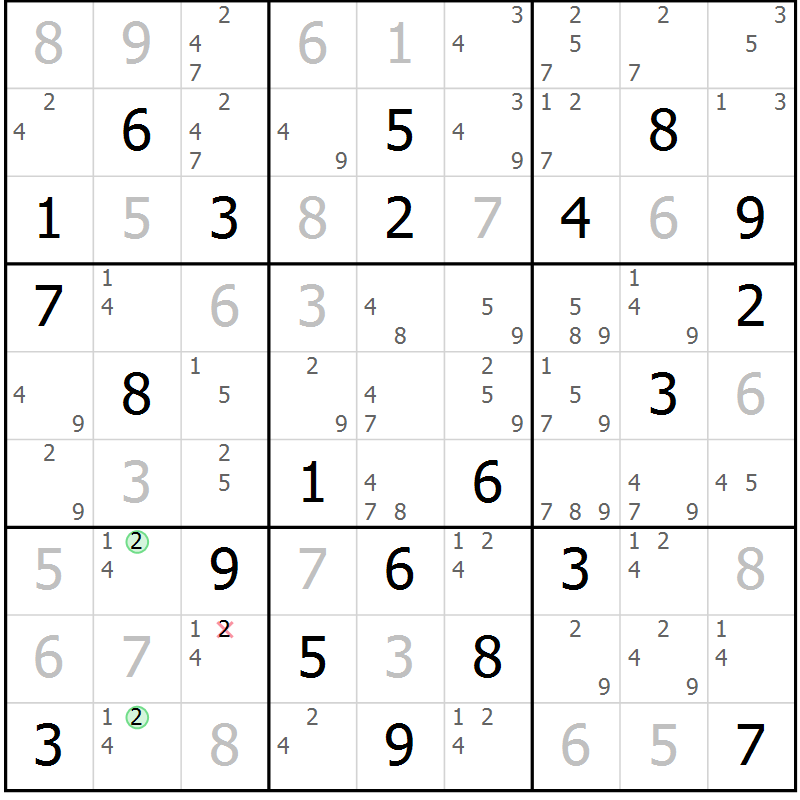 Position des candidats pour la solution de la Gr 81 page 84 du magazine de sudoku Maestro n° 103