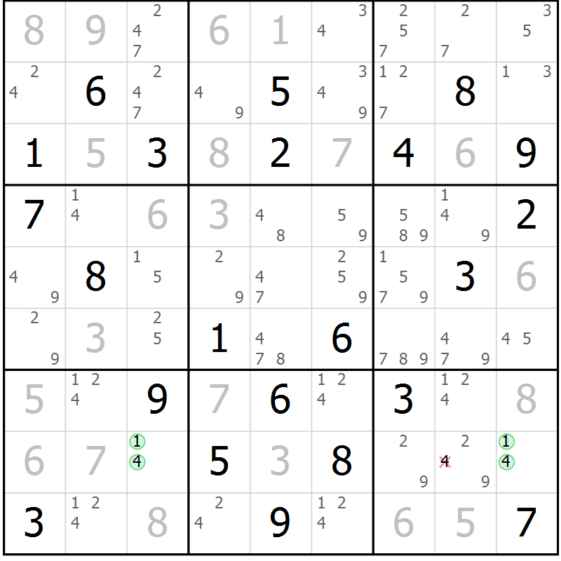 Position des candidats pour la solution de la Gr 81 page 84 du magazine de sudoku Maestro n° 103