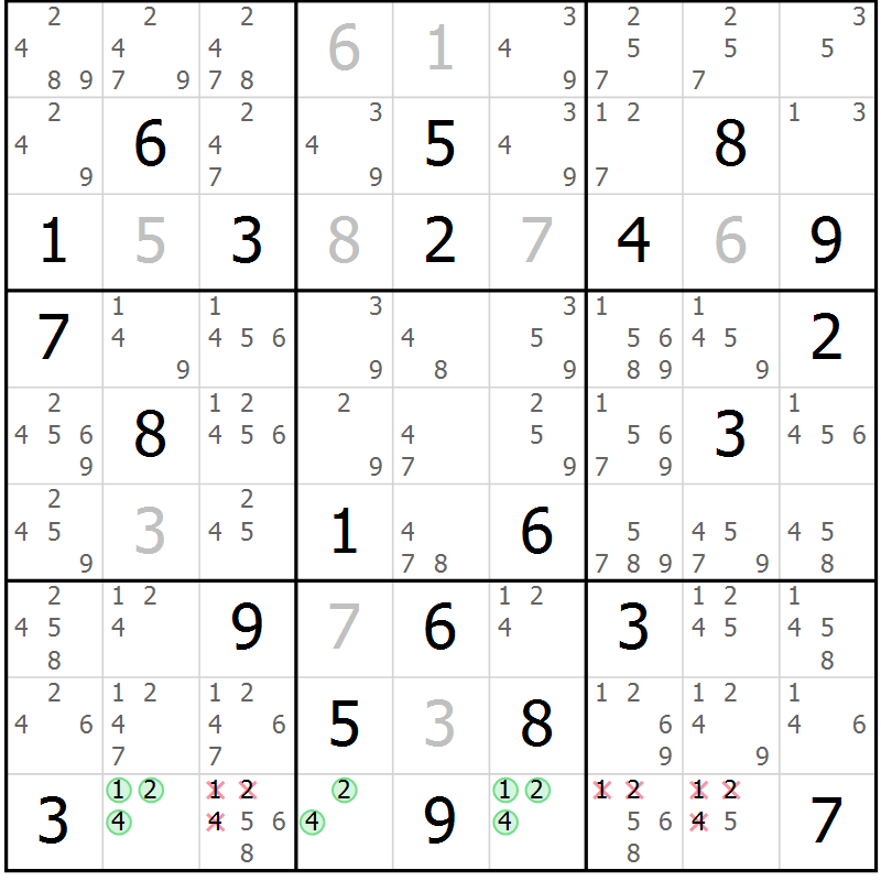 Position des candidats pour la solution de la Gr 81 page 84 du magazine de sudoku Maestro n° 103