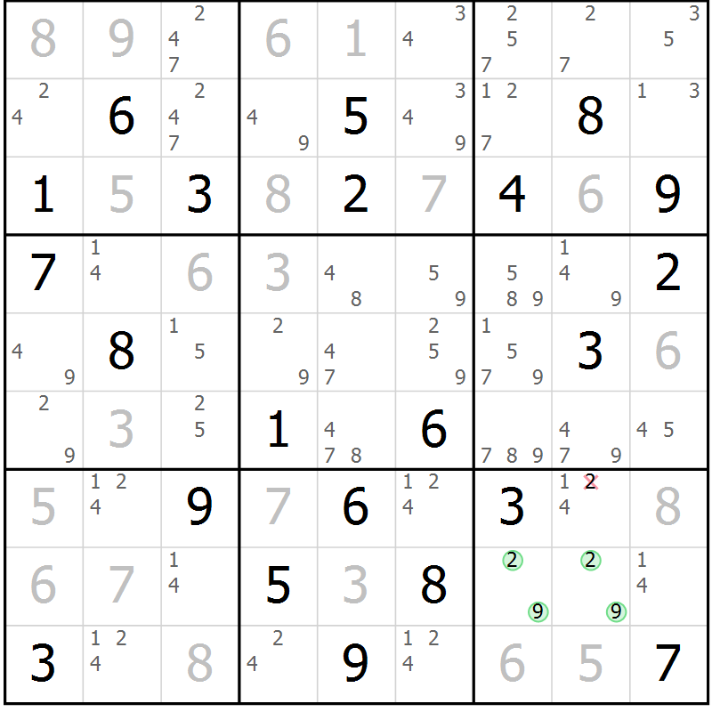 Position des candidats pour la solution de la Gr 81 page 84 du magazine de sudoku Maestro n° 103