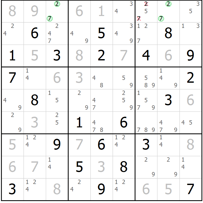 Position des candidats pour la solution de la Gr 81 page 84 du magazine de sudoku Maestro n° 103