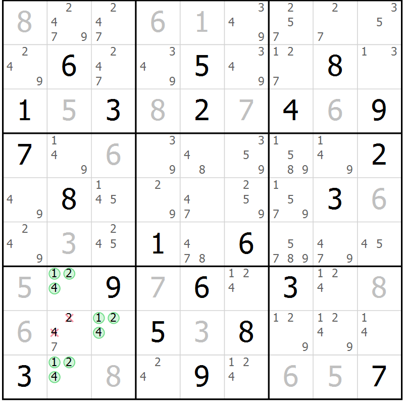Position des candidats pour la solution de la Gr 81 page 84 du magazine de sudoku Maestro n° 103