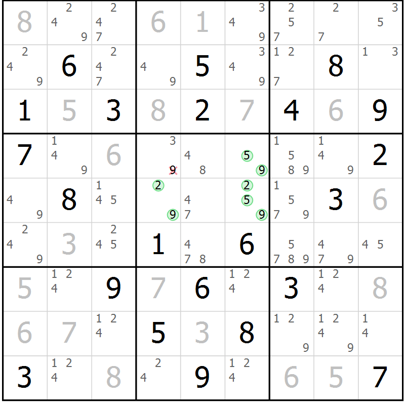 Position des candidats pour la solution de la Gr 81 page 84 du magazine de sudoku Maestro n° 103