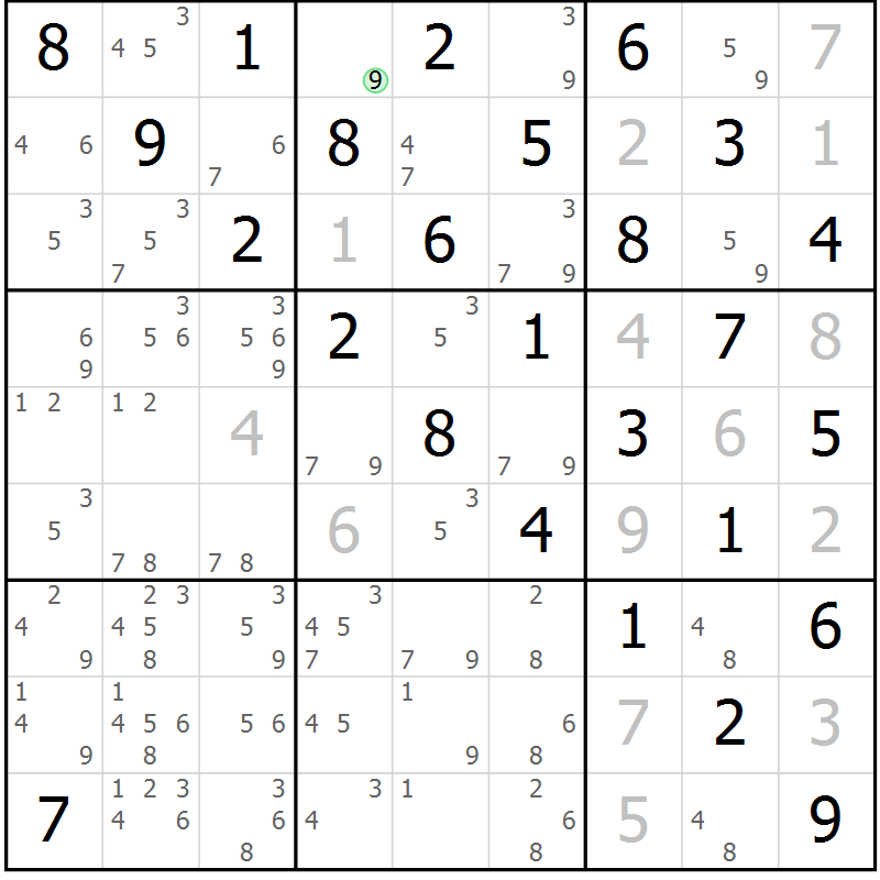 Position des candidats pour la solution de la Gr 82 page 85 du magazine de sudoku Maestro n° 103