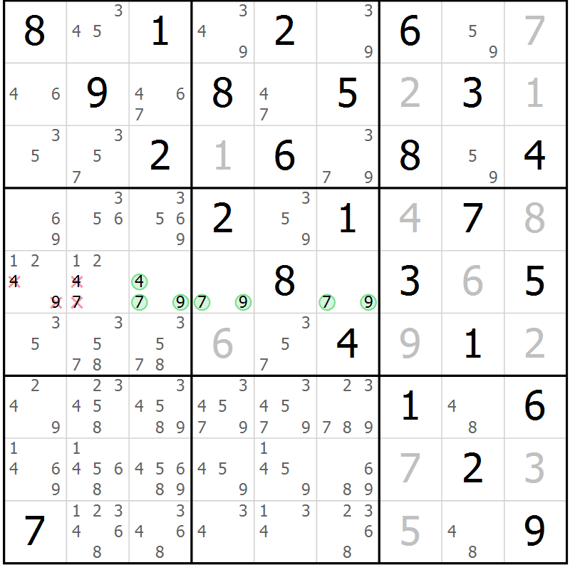 Position des candidats pour la solution de la Gr 82 page 85 du magazine de sudoku Maestro n° 103