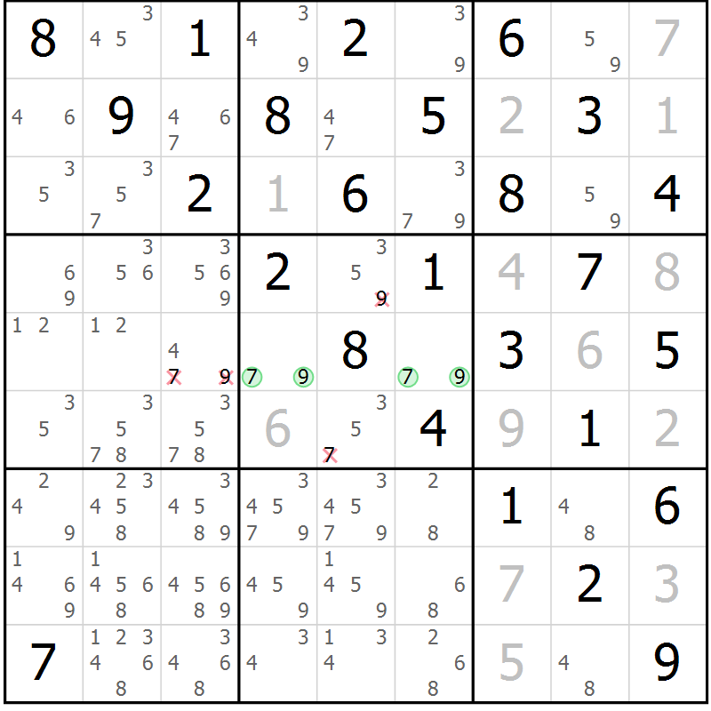 Position des candidats pour la solution de la Gr 82 page 85 du magazine de sudoku Maestro n° 103