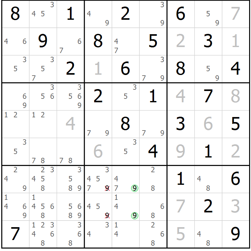 Position des candidats pour la solution de la Gr 82 page 85 du magazine de sudoku Maestro n° 103